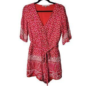 Lovers + Friends Floral Red White Pull On Surplice Neck Flowy Boho Belted Romper